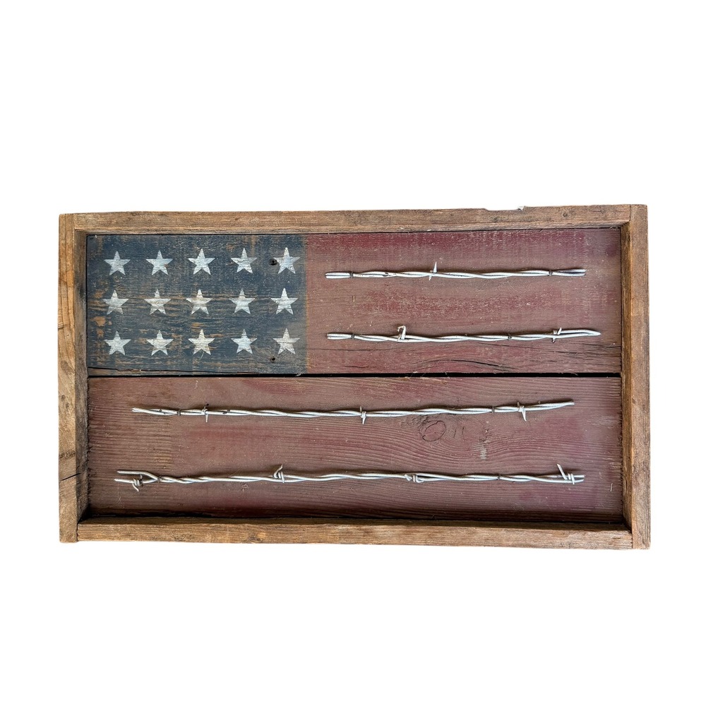 Rustic Reclaimed Wood American Flag Wall Art Barbed Wire Patriotic Decor 21x11.5